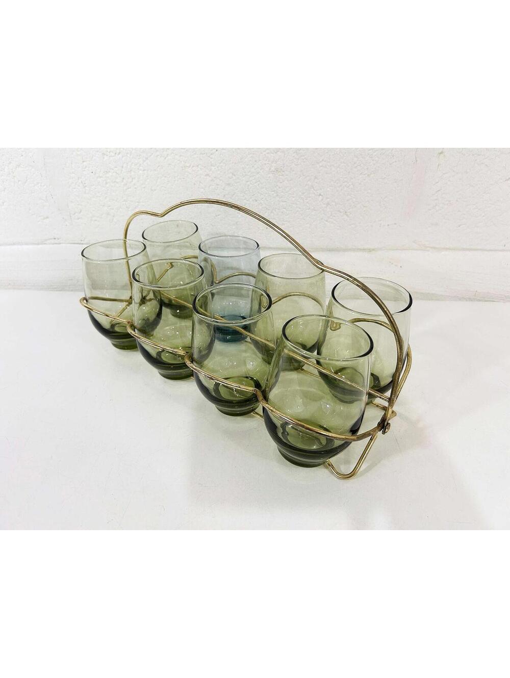 Vintage Olive Tempo Drinking Glasses Fold Away Caddy Libbey Glass 1960s